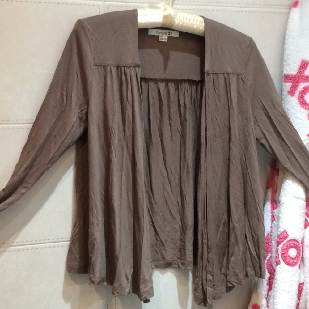 F21 Tan Taupe Open Draped Waterfall Cardigan